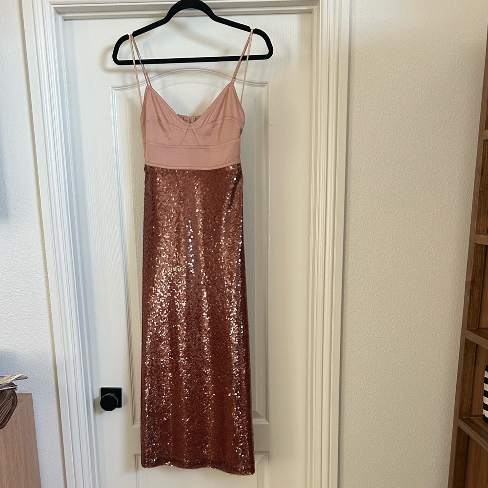 A.L.C. Tan and Rose Gold/Brown Sequin Midi Dress